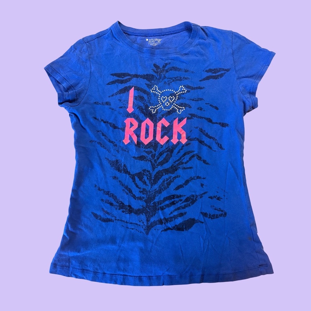 Y2K No Boundaries Blue I Rock Skull Rhinestone Graphic Baby Tee Scene #17